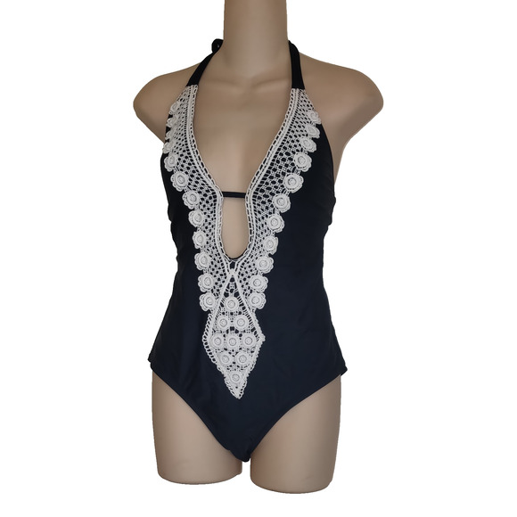Mossimo Swimsuit Sz M Halter Crocheted Black One Piece Plunge Neckline Sexy!! - Picture 1 of 14